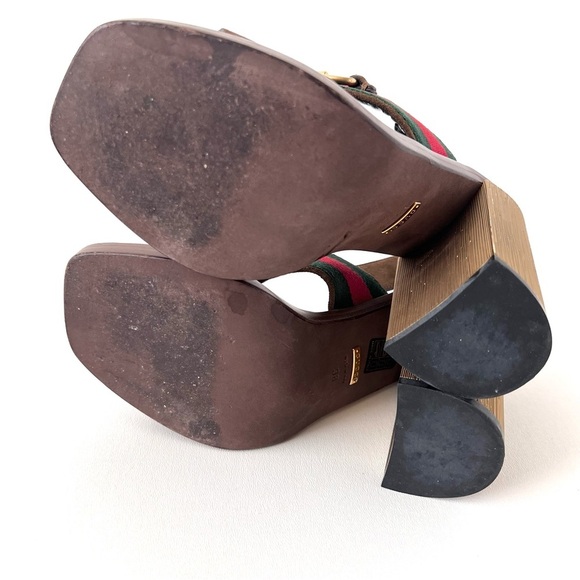 GUCCI || Querelle Horsebit Web stripe Suede Chunky Gold High Heel Sandal EU 38 - Picture 13 of 15